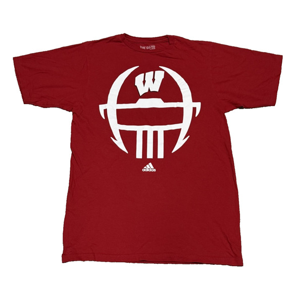 Men's Wisconsin Badgers Adidas Red Football T-Shirt W/ Helmet Short Sleeve Sz. M - Picture 1 of 4